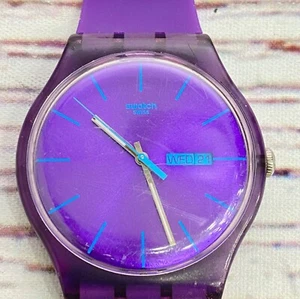 2010 Swatch PURPLE REBEL Watch Swiss Analog Quartz Day Date Water Resist WORKS - Picture 1 of 10
