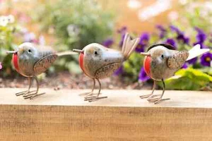 Robin Garden Ornament Set 3pc Red Breast Bird Statues Outdoor Metal Decoration - Picture 1 of 24