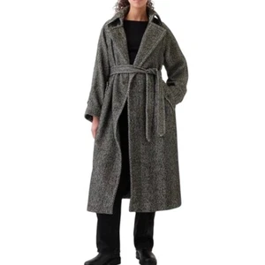 New Gap Black Herringbone Double Breasted Belted Trench Coat Size Large Petite - Picture 1 of 24