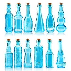 Small Blue Vintage Glass Bottles with Corks Mini Vases Decorative Potion Asso... - Picture 1 of 6