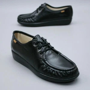 NEW SAS Ladies 6.5 N Siesta Black Leather Wedge Comfort Moc Toe Oxfords - USA - Picture 1 of 12