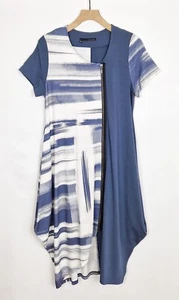 ELSEWHERE LAGENLOOK QUIRKY JERSEY ZIP DRESS M 12/14 BLUE MULTI ABSTRACT STRIPE - Picture 1 of 12