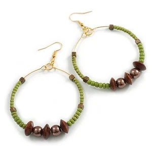 50mm Lime Green Glass And Brown Wood Bead Hoop Earrings In Gold Tone - 80mm Drop - Picture 1 of 6
