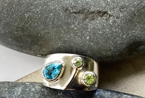 Moderner Blautopas & Peridot 925 Sterling Silber Ring. Größe 6,75 - Bild 1 von 4