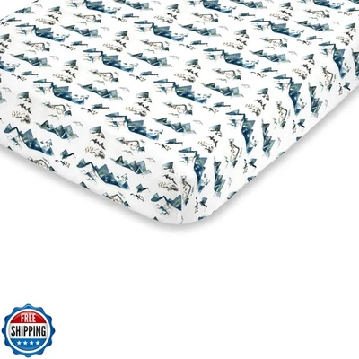 NoJo Super Soft Blue, Green, Tan and White Mountain Watercolor Fitted Mini Cr - Image 1 of 3