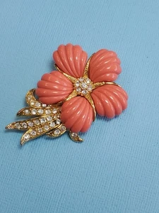 Vintage Nolan Miller Crystal Faux Coral Flower Brooch Pin - Picture 1 of 5