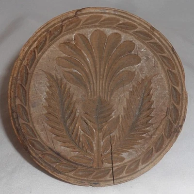 Antique Turned Single Piece Wood Butter Print Flower Design Knob Shaped Handel - Image 1 of 4