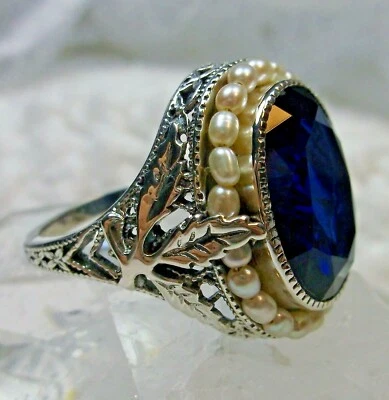Pearl / Simulated Sapphire Ring, Sterling Leaf Filigree (Custom-Made) D156 - Image 1 of 4