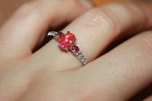 fire opal Cz ring gemstone silver jewelry petite modern engagement chic cocktail - Picture 1 of 7