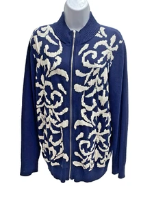Weekends By Chicos Women's Size 2 Cardigan Blue Zip Up White Embroidered Cozy - Picture 1 of 9