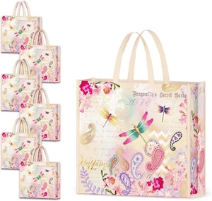 6 Pack Grocery Bags Reusable Dragonflies Garden Shopping Bags Waterproof Tote Ba - Picture 1 of 12