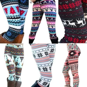 Christmas Print Leggings Women Slim Fit Elastic Pants Elk Snowflakes Striped Har - Picture 1 of 16