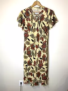 Amanda Lane Kleid Damen XL gelb Midi Blätterprint Flatterärmel Herbst 90er Y2K - Bild 1 von 12
