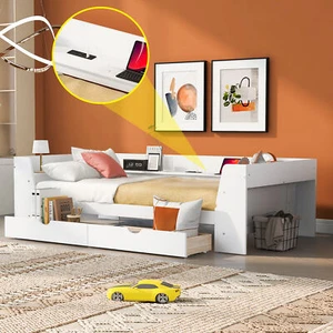 Twin Size Daybed Bed Frame Wooden W/ Shelves Drawers /Charging Station White - Picture 1 of 9