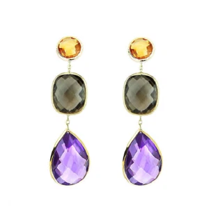 14K Yellow Gold Gemstone Earrings With Citrine, Amethyst and Smoky Topaz - Picture 1 of 1