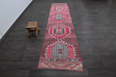 Vintage Turkish Runner Rug 3x11ft Wool Anatolian Handmade Hallway Oushak PINK - Image 1 of 4