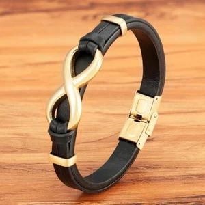 Mens Leather Infinity Bracelet Knot Symbol Logo for Him Stainless Steel Black - Picture 1 of 20