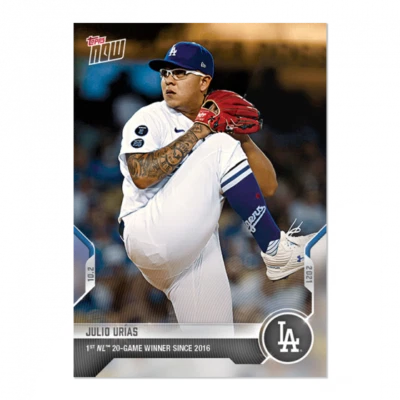 2021 Topps Now #893 JULIO URIAS 20 WINS LA DODGERS in hand - print run 571 - Image 1 of 2