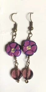 Earrings Under $1 Wire wrap Handmade ARTISAN Poly Clay Coin Crystals Bronze JMe - Picture 1 of 5