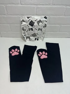 NEW - 1 pair of Cat Paw Print Tall Socks - Black & Pink - Picture 1 of 5
