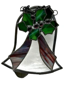 Vintage Stained Glass Bell Holly Berry Leaf Bow Christmas Ornament Suncatcher - Picture 1 of 7
