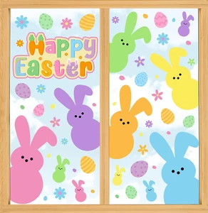 9 Sheets Happy Easter Window Clings Cute Cartoon Bunny Rabbit Egg Floral Pattern - Picture 1 of 12