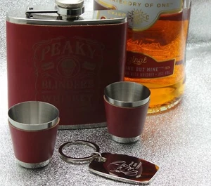 Peaky Blinder Hip Flask Pocket 6oz Silver Plated Engraved Keyring Fob Gift Set - Picture 1 of 3