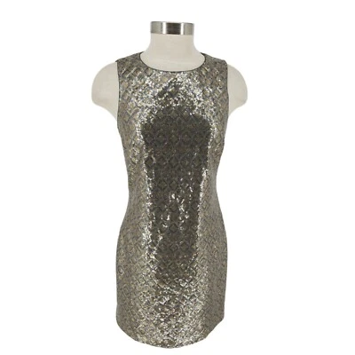 Banana Republic Sheath Holiday Dress Gold Silver Sequin Sleeveless Zip Womens 4 - Image 1 of 4