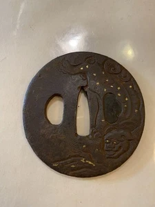 Japanischer Tsuba Schwertschutz 70mm Gold Inlay Shishi & Pflanzenmotiv Edo Ära - Bild 1 von 6