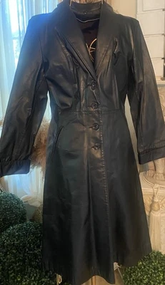 Vtg 80s Black Long Leather Trench Coat Womens Sz M Matrix Jacket Sexy Penny Lane - Image 1 of 4
