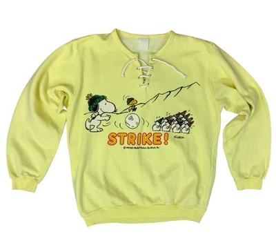 VTG 70s 80s SNOOPY PEANUTS WINTER BOWLING SWEATSHIRT LEMON YELLOW SCHULZ S - Image 1 of 4