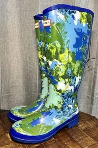 Hunter Target NWT Women’s Floral Waterproof Rain Boots 7 Blue Green Zip Up - Picture 1 of 19