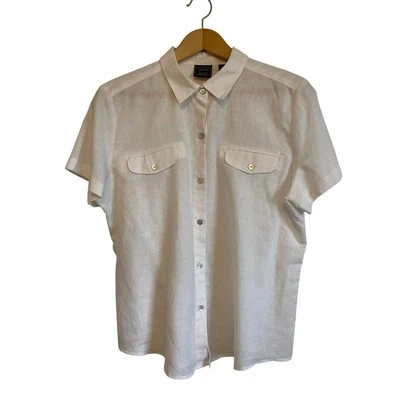 Laura Scott white short sleeve linen button up shirt collar lightweight Size 14 - Image 1 of 4