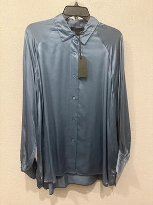 NWT ALLSAINTS Oana Silk Balloon Sleeve Button Up Shirt Blue UK 14 US 10 $249 - Image 1 of 4