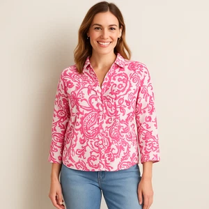 Talbots Pink White Paisley Button Front Stretch Blouse Cotton Blend Size Large - Picture 1 of 11