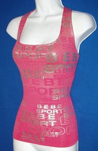 "RARE" BEBE SPORT WOMEN'S RACER BACK SILVER LOGOS LINED BUST TANK TOP STRETCH M - Picture 1 of 17