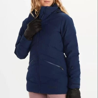 Marmot Women Val D'Sere Ski Jacket 700 Fill Down Arctic Navy Hooded L MSRP $295 - Image 1 of 4