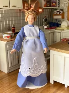 1:12 Dollhouse Porcelain Victorian Female Doll “The Housekeeper” In Blue W/Apron - Picture 1 of 9