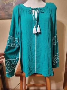 Size 22 * Turquoise Long Sleeve Rayon Blouse * Embroidered * LANE BRYANT - Picture 1 of 6