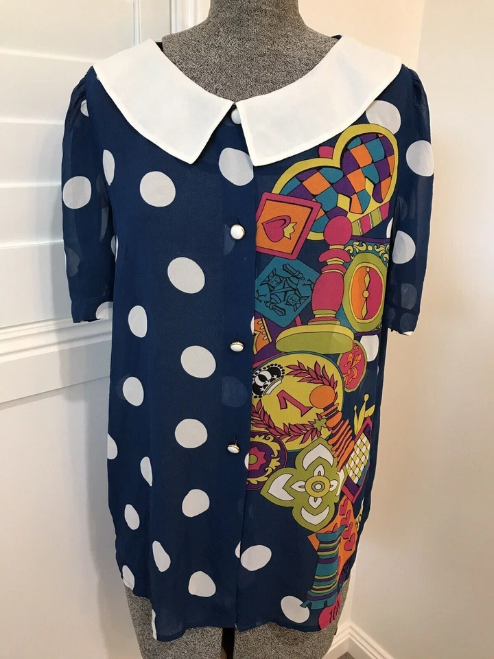 Vintage 1980s Mario Pucci Cecconi graphic print blouse polka dot card game 42 46 - Image 1 of 4