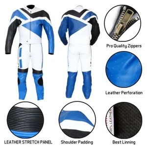 2pc Motorcycle Riding Racing Track Suit w/ padding All Leather Drag Suit Blue - Bild 1 von 5