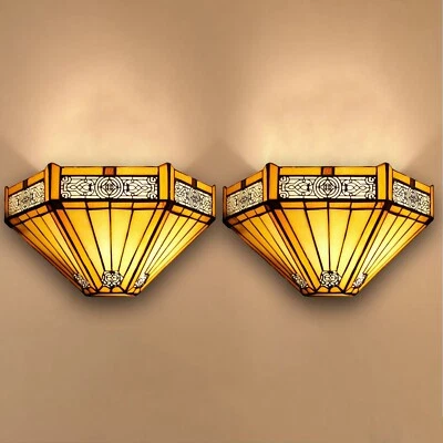Tiffany Hexagon Style Wall Lights 12inch Yellow Shade Stained Glass Pair of x 2 - Image 1 of 4