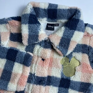Disney Pink Blue White Gold Plaid Snap Button Sherpa Fleece Sweater Jacket Small - Picture 1 of 12