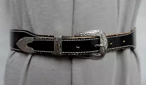 80's Black Western Leather Belt Silvertone Buckle/Tip Size M/L - Picture 1 of 6