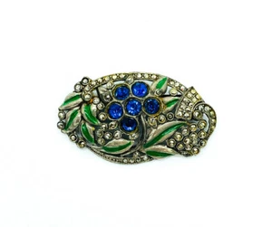 Antique Art Deco Silver Sapphire Rhinestone Marcasite Enamel Flower Pin Brooch - Picture 1 of 5