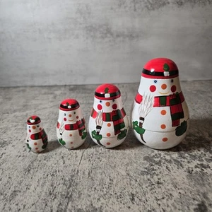 Vintage Schneemann verschachtelte Puppen Holz 4er Set Weihnachten Urlaub - Bild 1 von 6