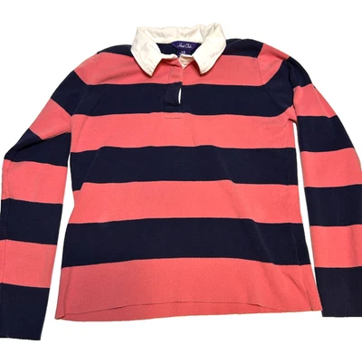 HUNT CLUB * Camisa estilo rugby a rayas vintage * Rosa y azul marino * Grande para mujer * Foto 1 de 4