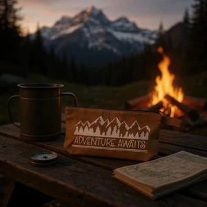 Individuelle Reisegröße Reißverschlusstasche. Farbe "Adventure Awaits" ist braun/grau 10x5x2 - Bild 1 von 4