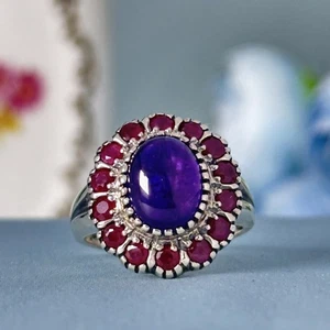 Silver 925  Natural Amethyst and Ruby Vintage Style  Floral Solitaire Ring - Picture 1 of 3