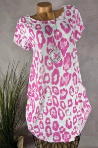 NEU Two Face LEINEN Tunika KLEID Italy LEO Muster WEIß PINK 36 38 40 - Bild 1 von 5